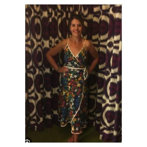 TORY BURCH Navy Blue Floral Grotto Midi Wrap Dress Size 8 - Picture 7 of 15